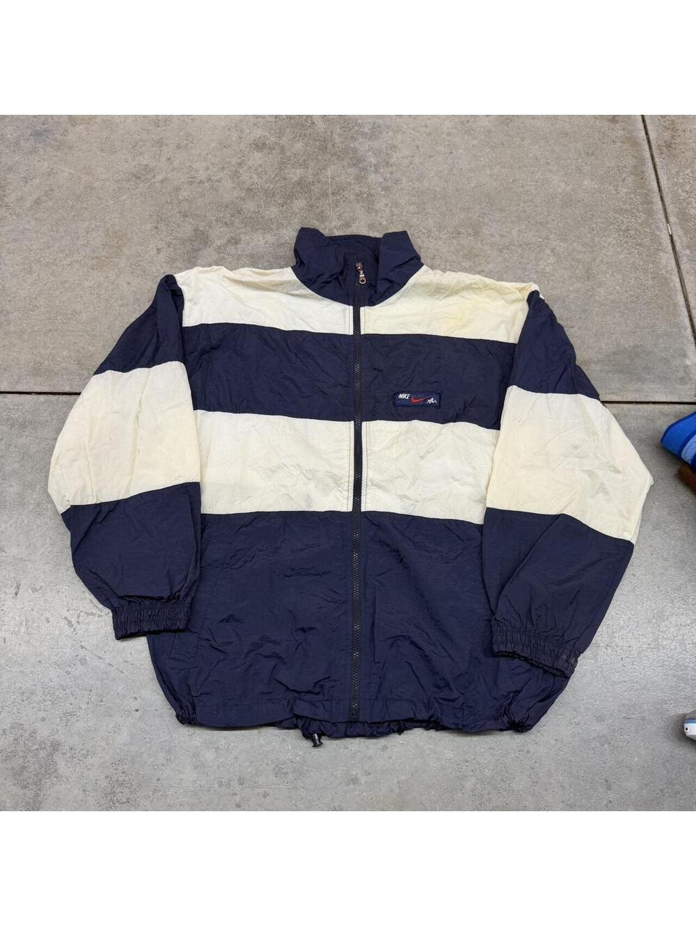 vintage nike air navy and white zip up windbreaker jacket size large HAS STAINS